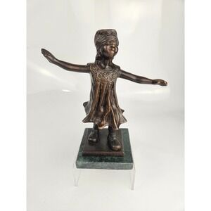 Vintage Patinated Metal Girl Figure Arms Outstretched Green Marble Base Figurine